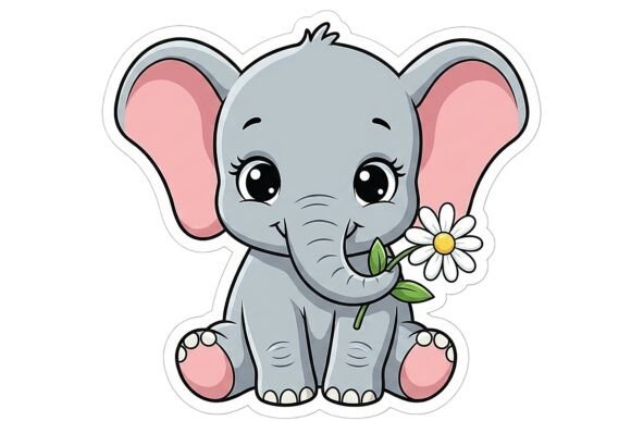 Cute Baby Elephant with Daisy Kawaii