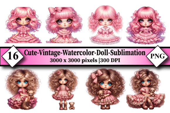 Cute Vintage Watercolor Doll Sublimation