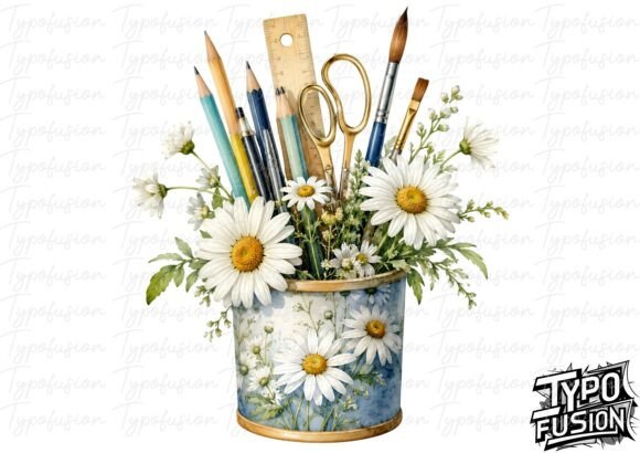 Floral Pencil Cup Watercolor PNG