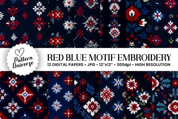 Red Blue Motif Embroidery Pattern