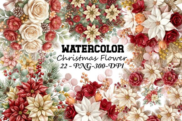 Watercolor Christmas Flower Clipart PNG